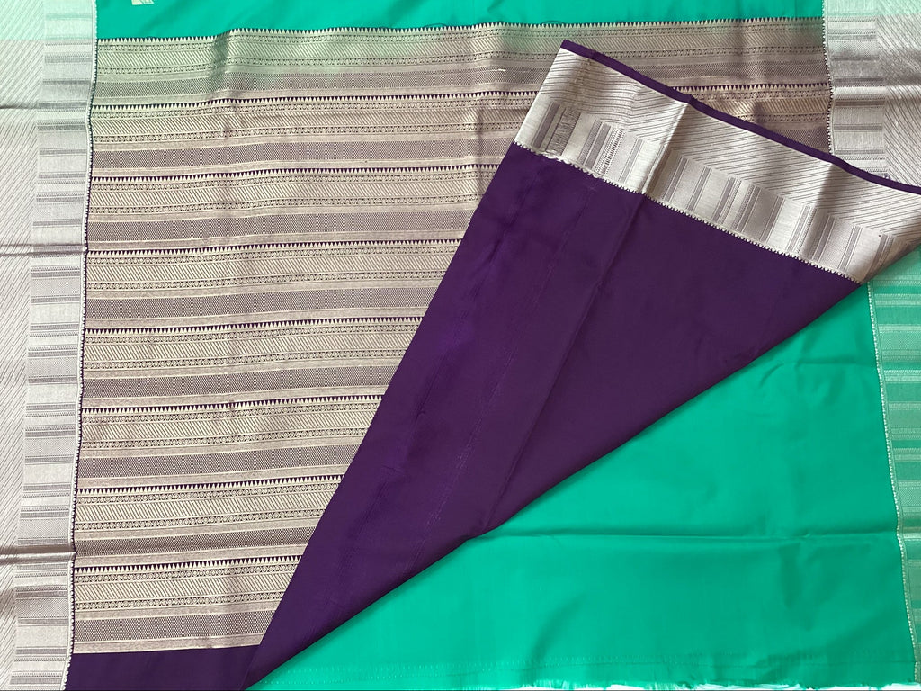 Teal Saree Silver Zari Striped Pallu Geometric Motifs Traditional Elegant