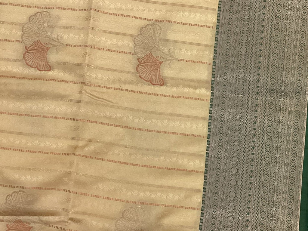 Beige Saree Emerald Pallu Silver Zari Broad Woven Border Traditional