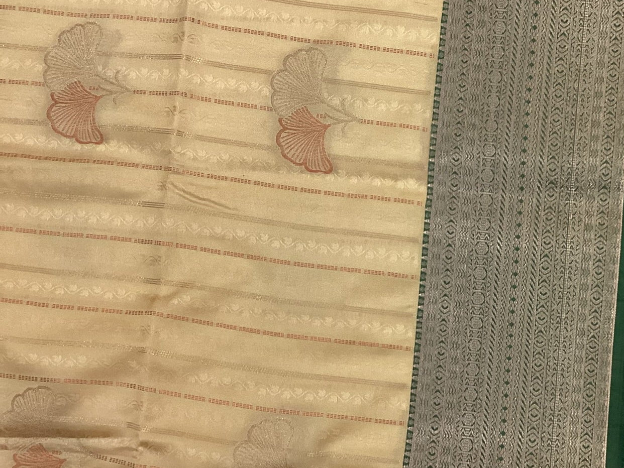 Beige Saree Emerald Pallu Silver Zari Broad Woven Border Traditional
