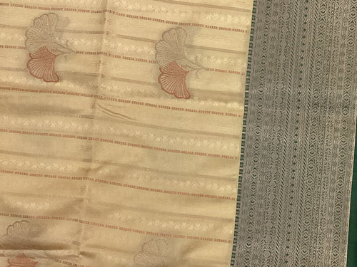 Beige Saree Emerald Pallu Silver Zari Broad Woven Border Traditional