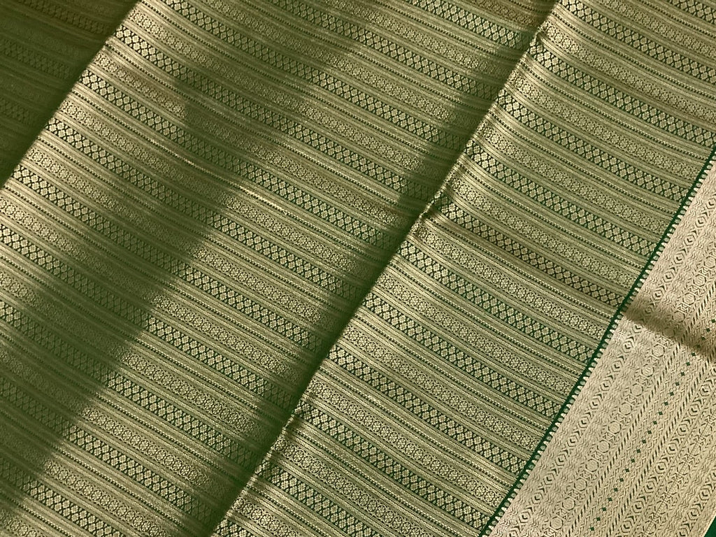 Beige Saree Emerald Pallu Silver Zari Broad Woven Border Traditional