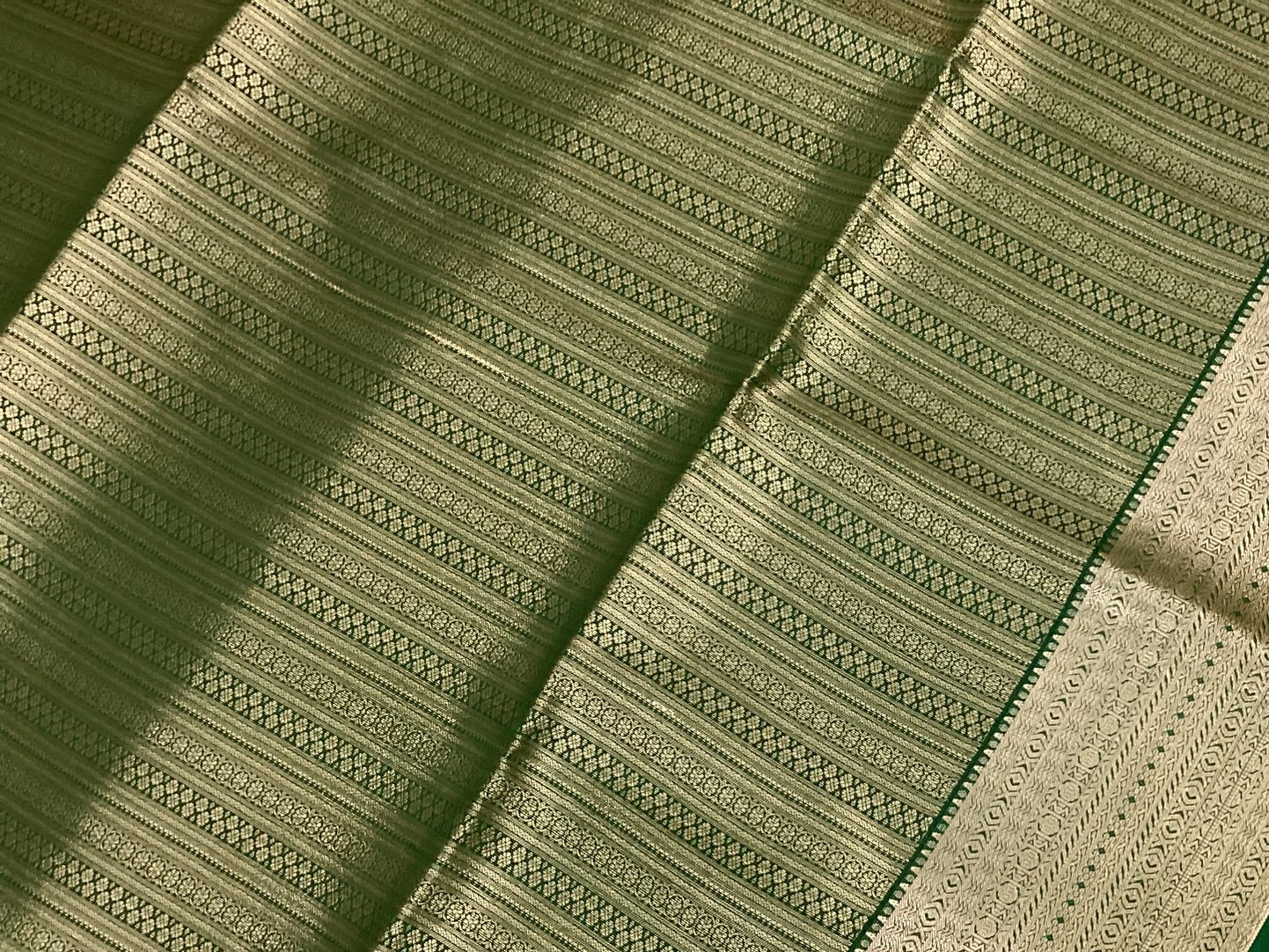 Beige Saree Emerald Pallu Silver Zari Broad Woven Border Traditional