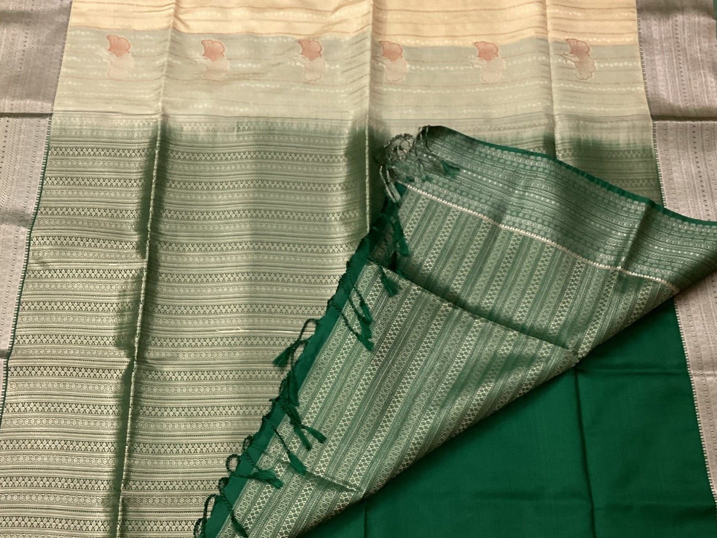Beige Saree Emerald Pallu Silver Zari Broad Woven Border Traditional
