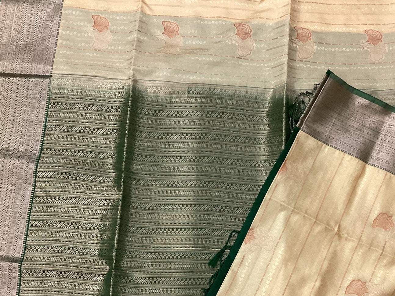 Beige Saree Emerald Pallu Silver Zari Broad Woven Border Traditional
