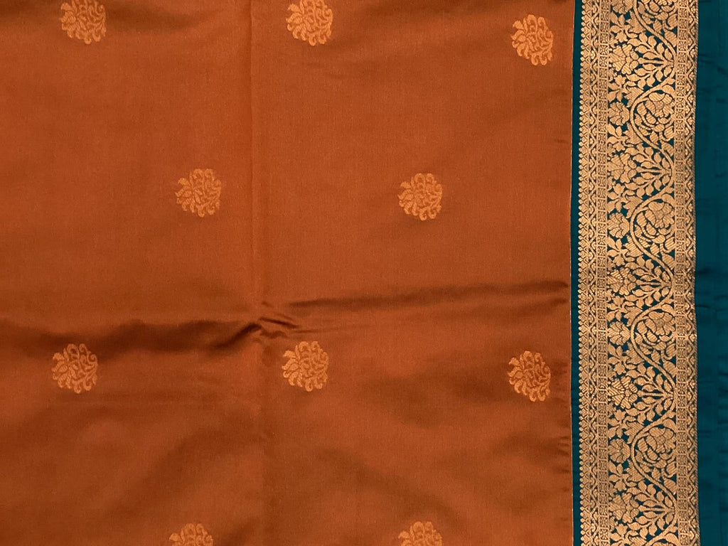 Rust Orange Teal Pallu Silk Saree Antique Gold Brocade Border