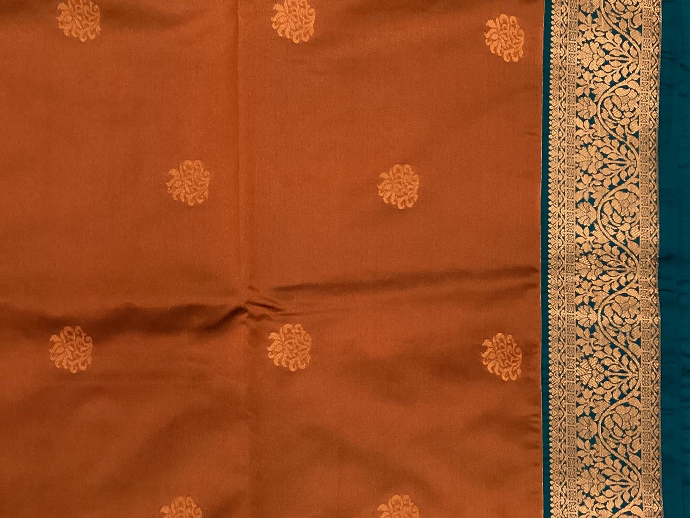 Rust Orange Teal Pallu Silk Saree Antique Gold Brocade Border