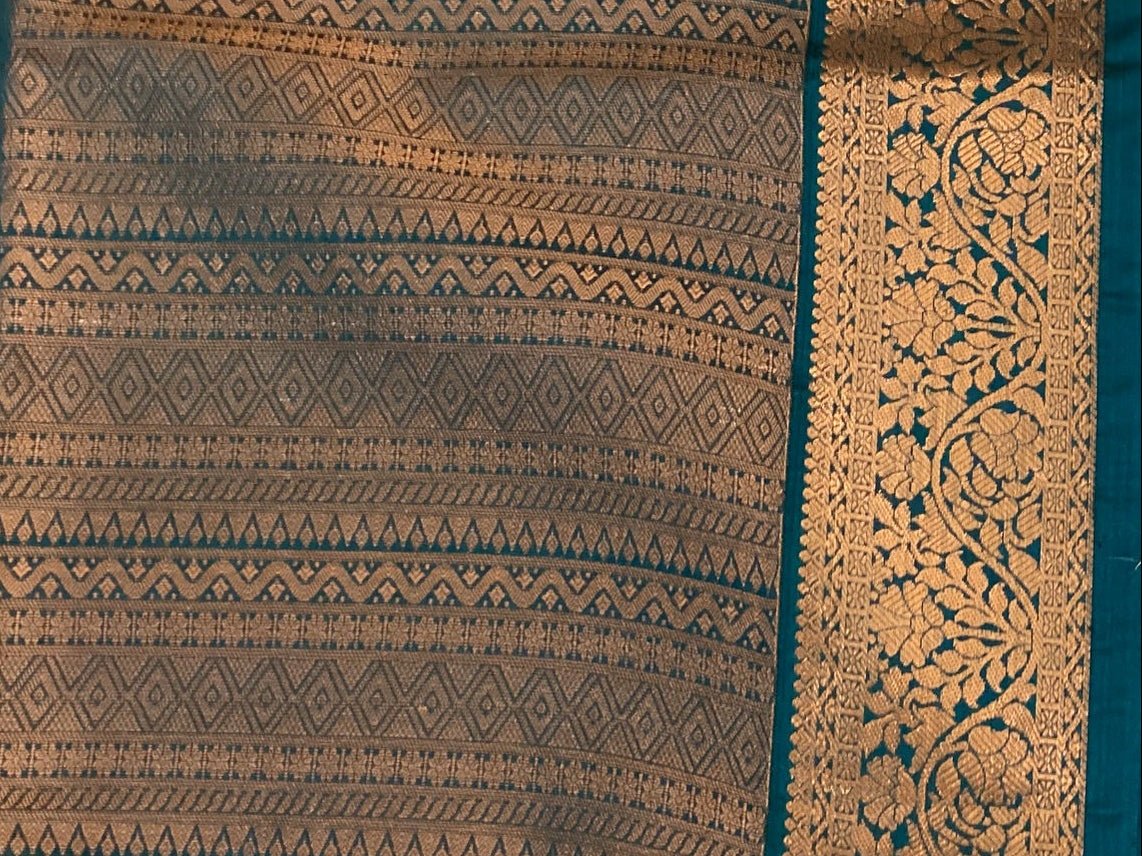 Rust Orange Teal Pallu Silk Saree Antique Gold Brocade Border
