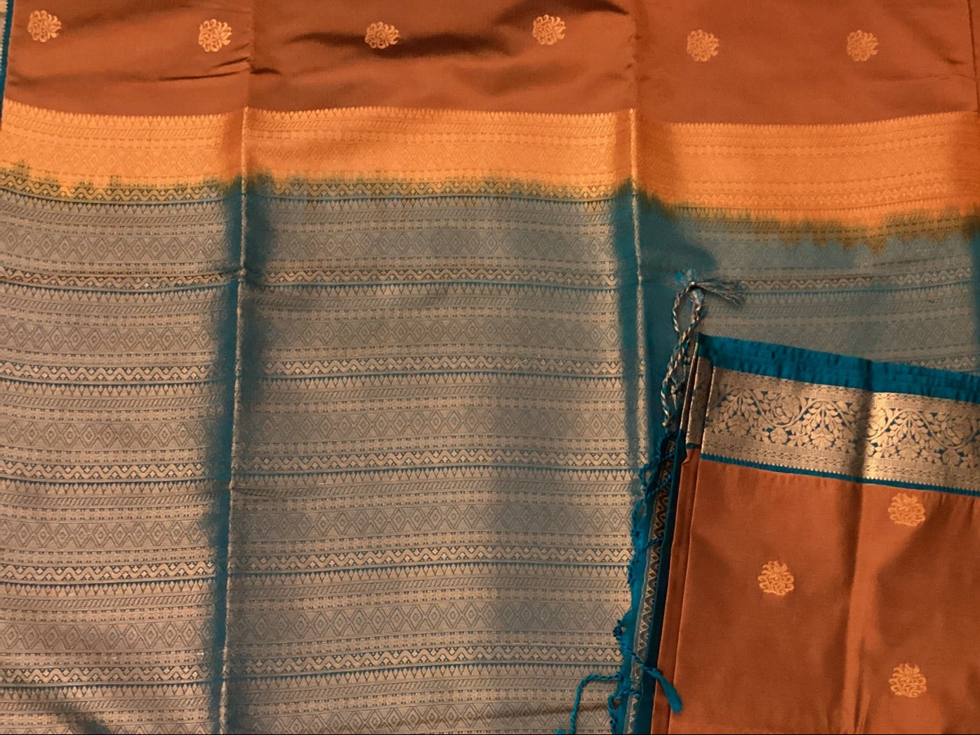 Rust Orange Teal Pallu Silk Saree Antique Gold Brocade Border