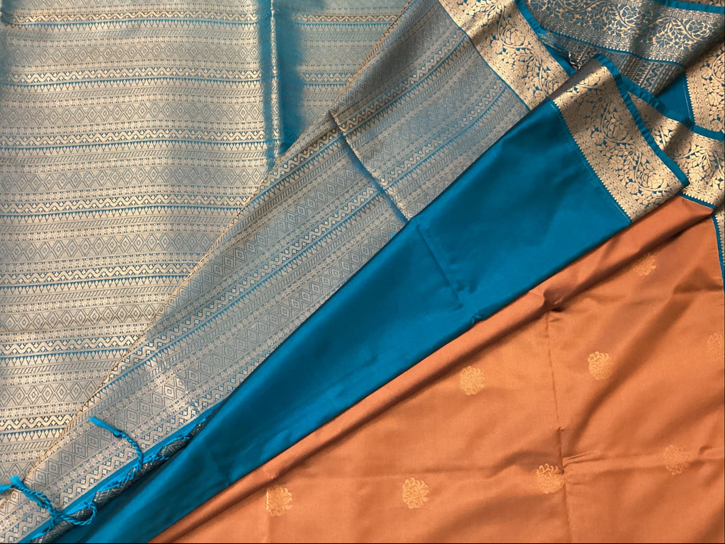 Rust Orange Teal Pallu Silk Saree Antique Gold Brocade Border