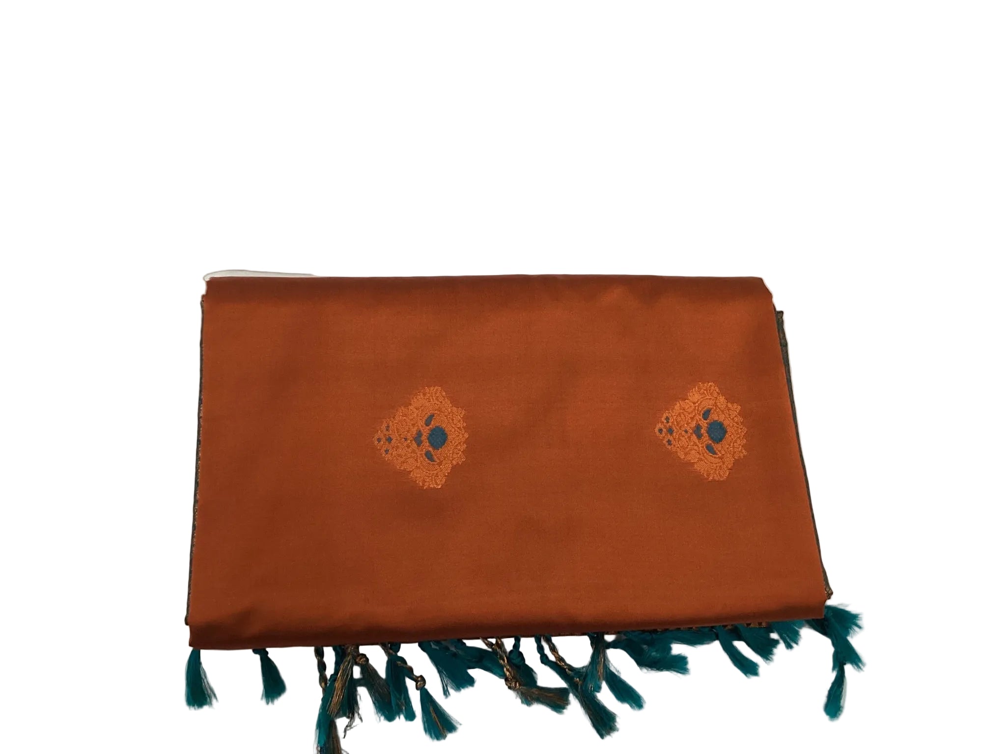 Burnt Orange Silk Saree Deep Teal Pallu Antique Gold Border