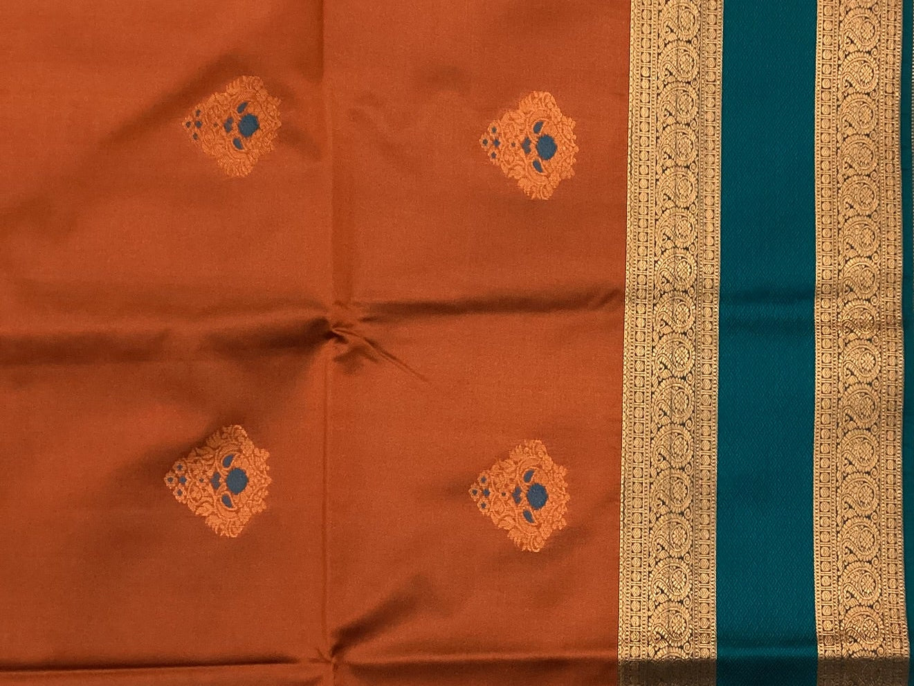 Burnt Orange Silk Saree Deep Teal Pallu Antique Gold Border