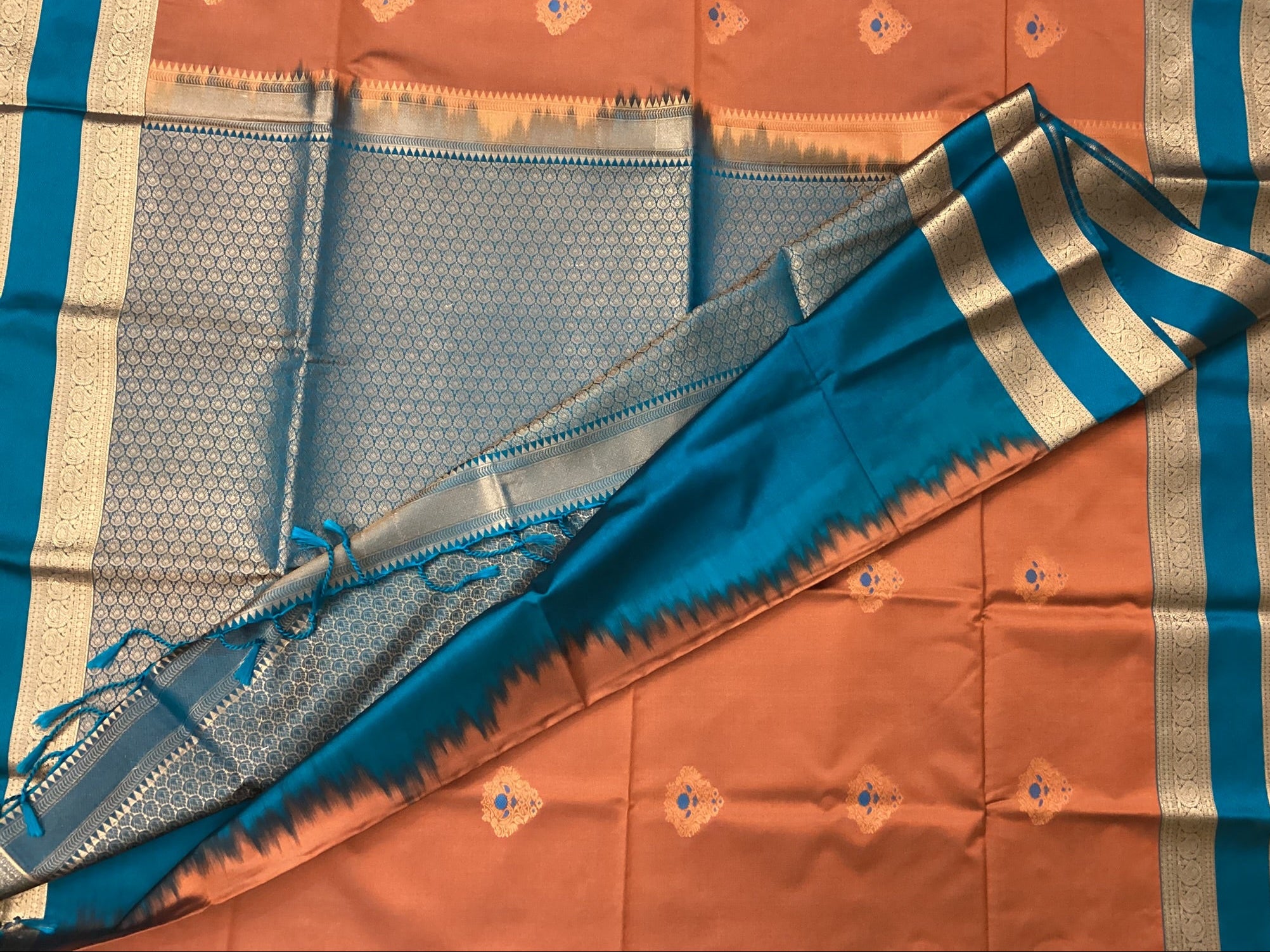 Burnt Orange Silk Saree Deep Teal Pallu Antique Gold Border