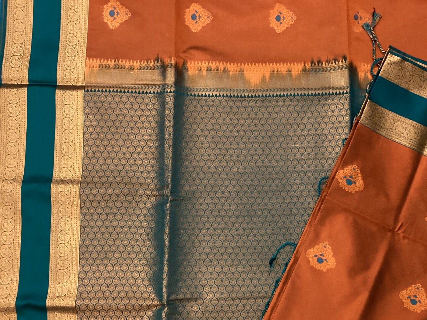 Burnt Orange Silk Saree Deep Teal Pallu Antique Gold Border