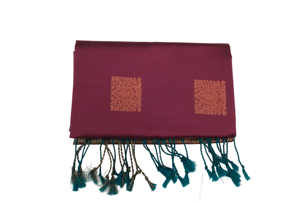 Burgundy Silk Saree with Gold Square Motifs Teal Pallu Zari Border