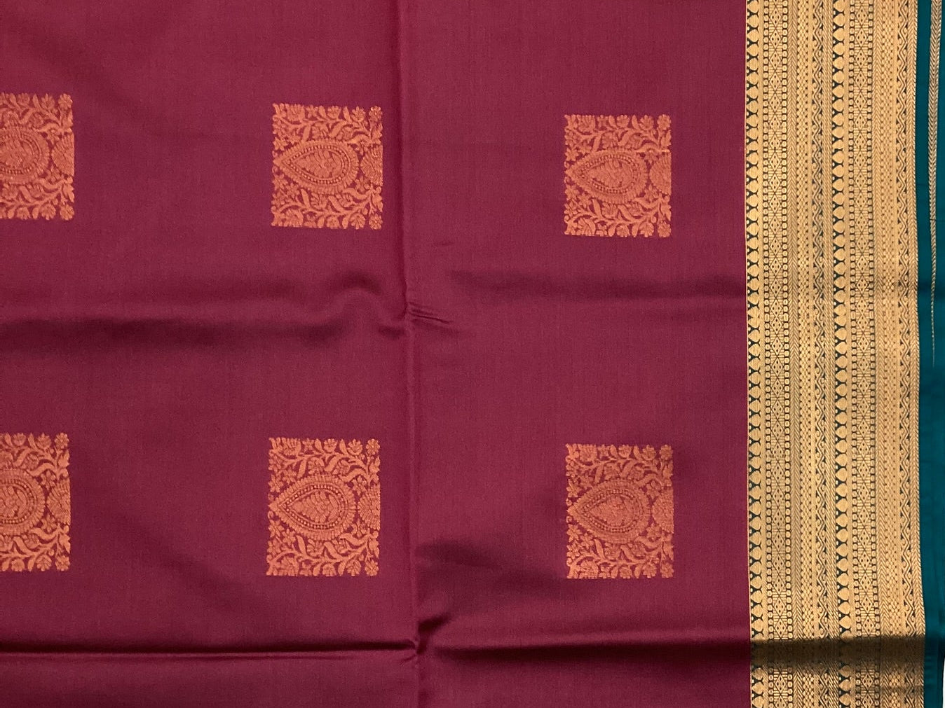 Burgundy Silk Saree with Gold Square Motifs Teal Pallu Zari Border