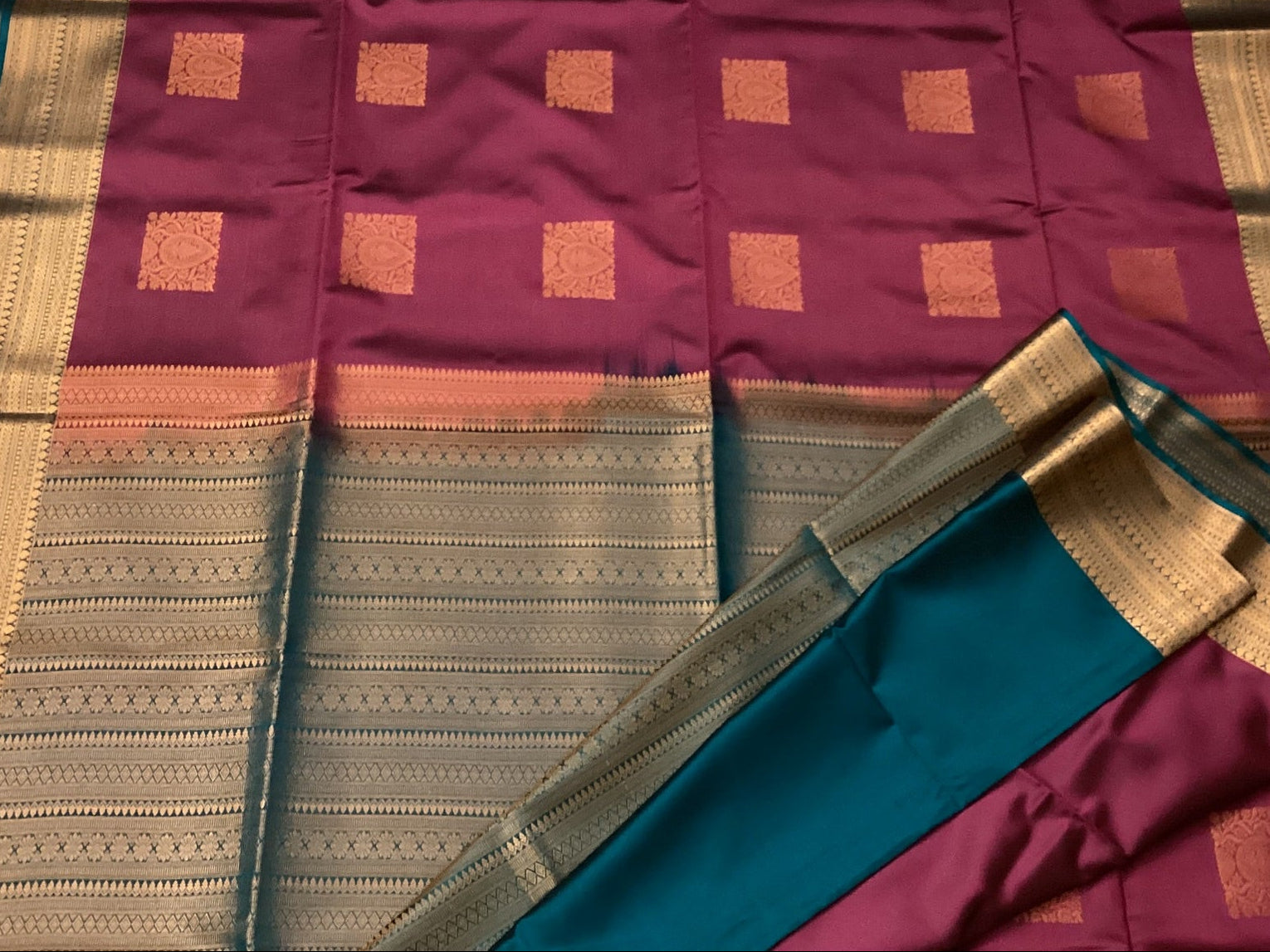 Burgundy Silk Saree with Gold Square Motifs Teal Pallu Zari Border