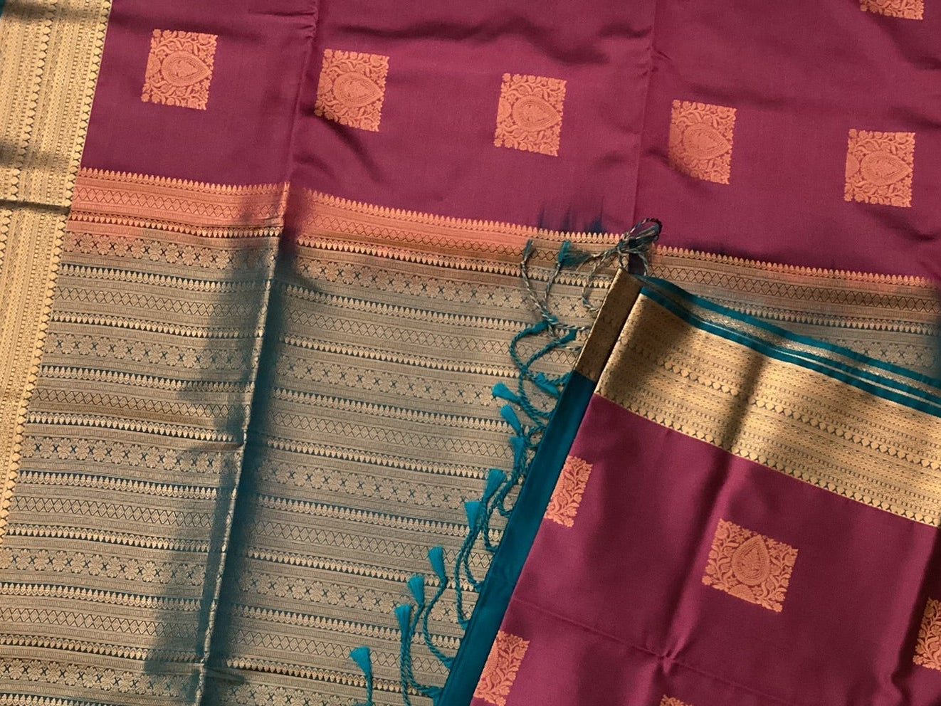 Burgundy Silk Saree with Gold Square Motifs Teal Pallu Zari Border