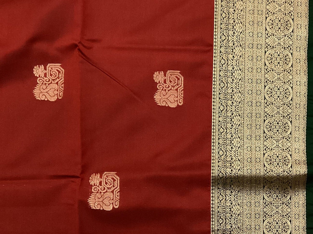 Emerald Green Maroon Brocade Silk Saree With Gold Zari