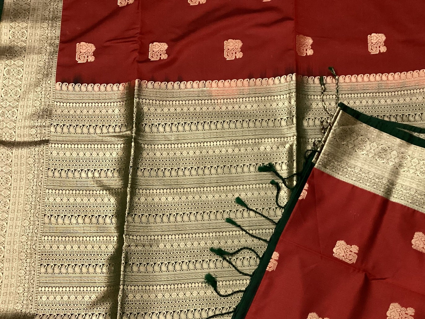 Emerald Green Maroon Brocade Silk Saree With Gold Zari