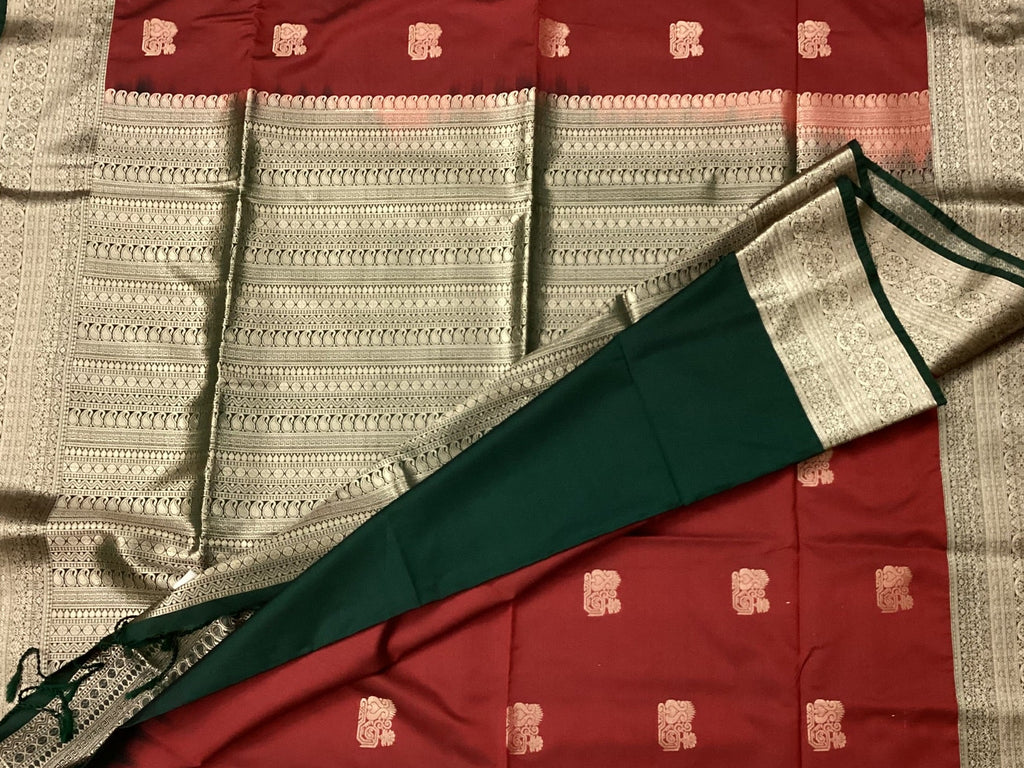 Emerald Green Maroon Brocade Silk Saree With Gold Zari