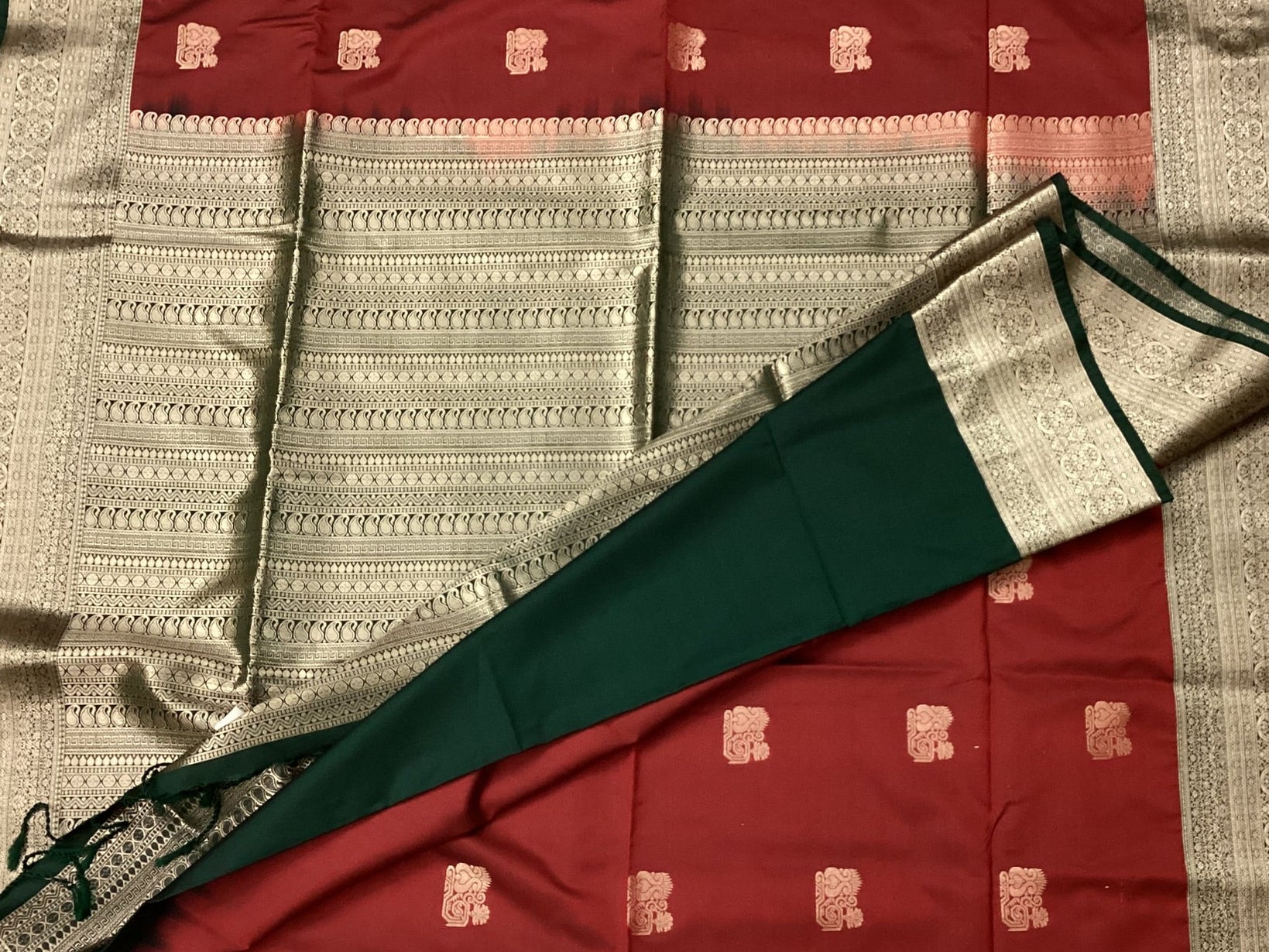 Emerald Green Maroon Brocade Silk Saree With Gold Zari