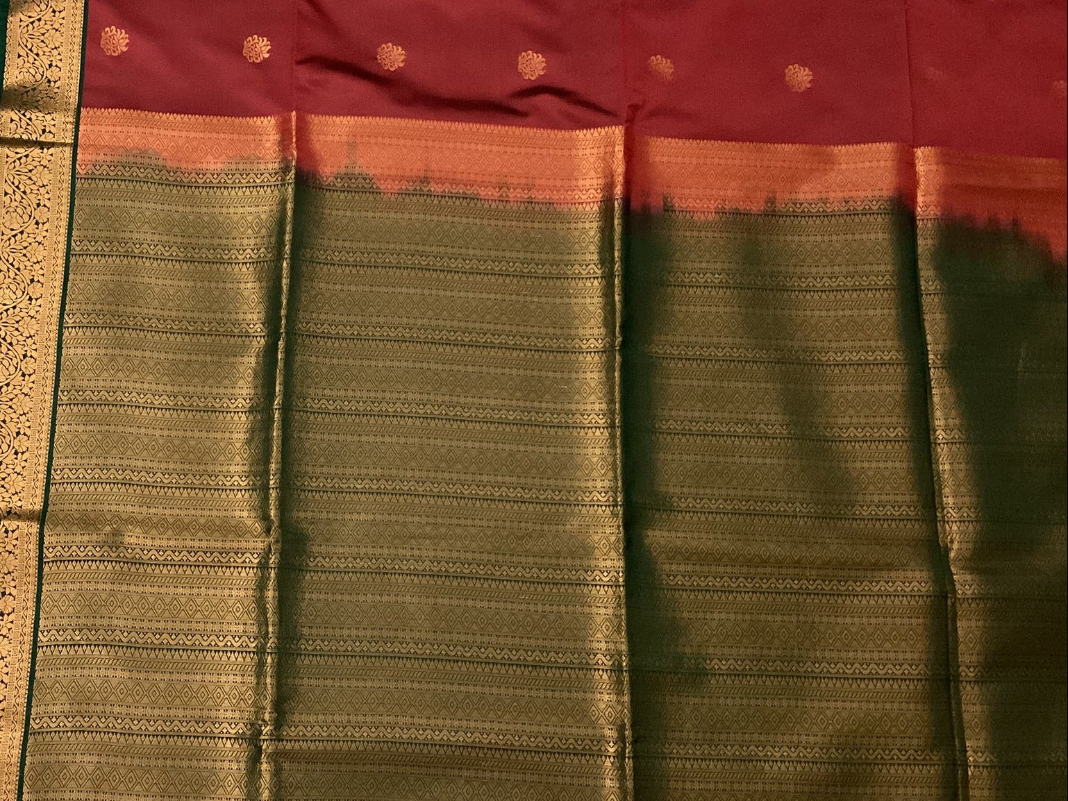 Maroon Teal Silk Saree Golden Zari Brocade Border Festive Wedding
