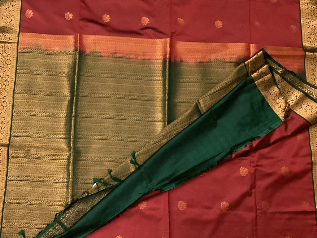 Maroon Teal Silk Saree Golden Zari Brocade Border Festive Wedding