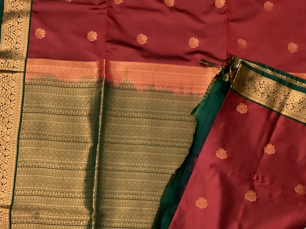 Maroon Teal Silk Saree Golden Zari Brocade Border Festive Wedding