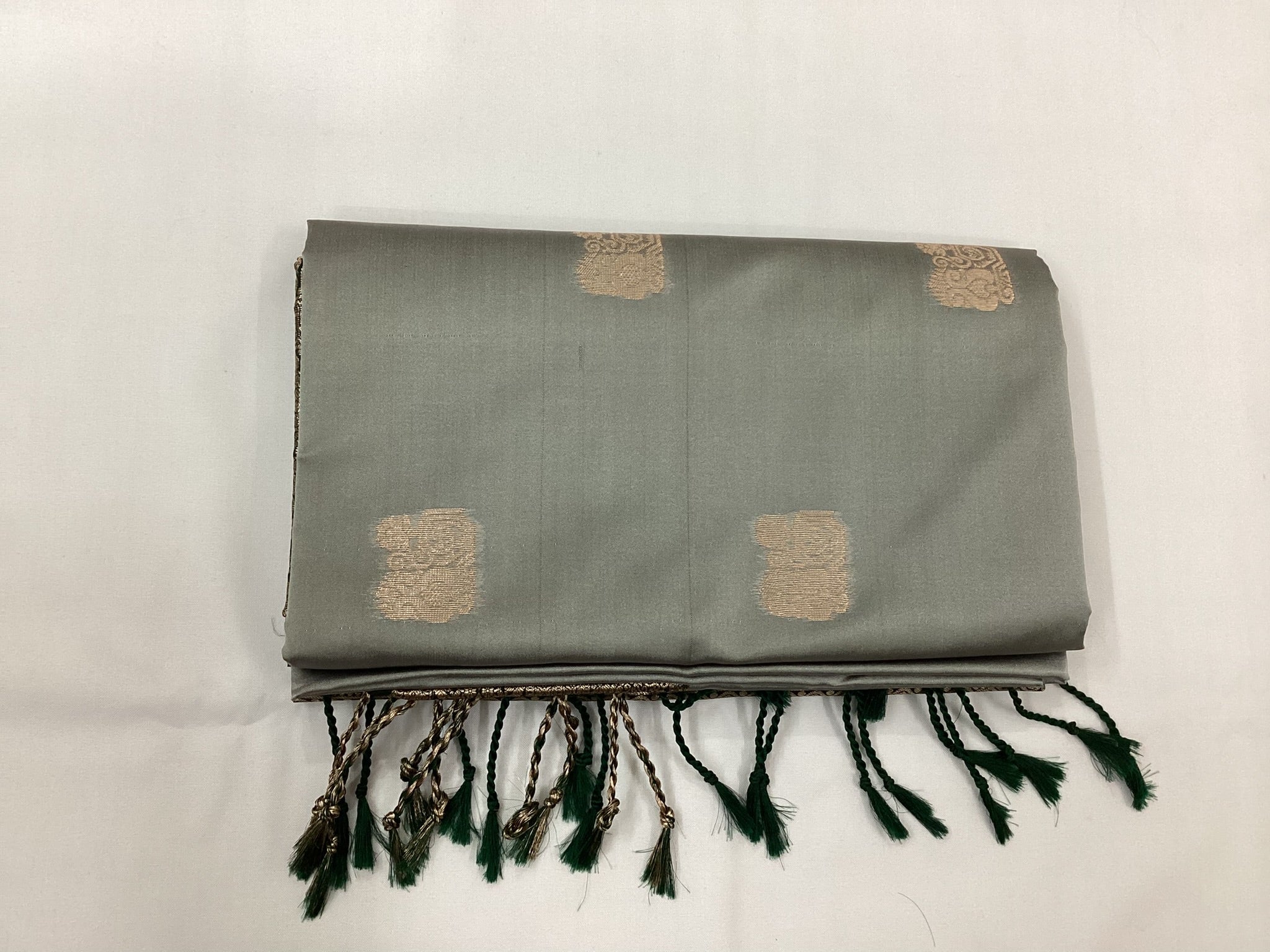 Forest Green Silver Grey Zari Brocade Silk Saree For Weddings