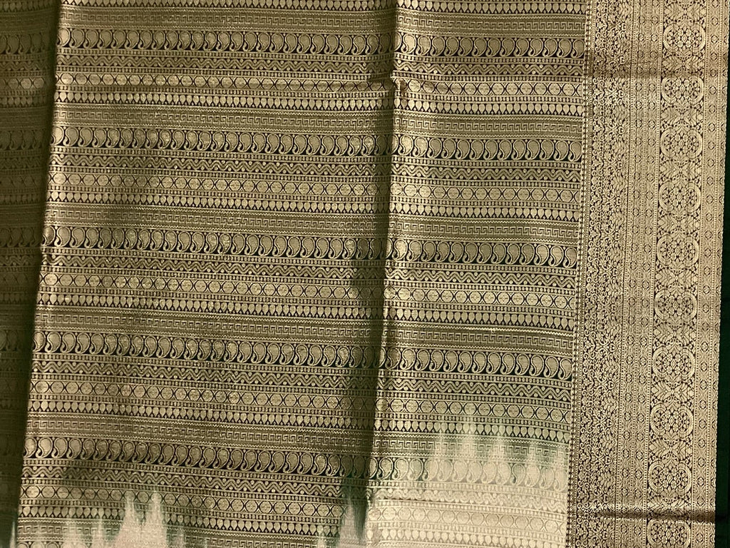 Forest Green Silver Grey Zari Brocade Silk Saree For Weddings