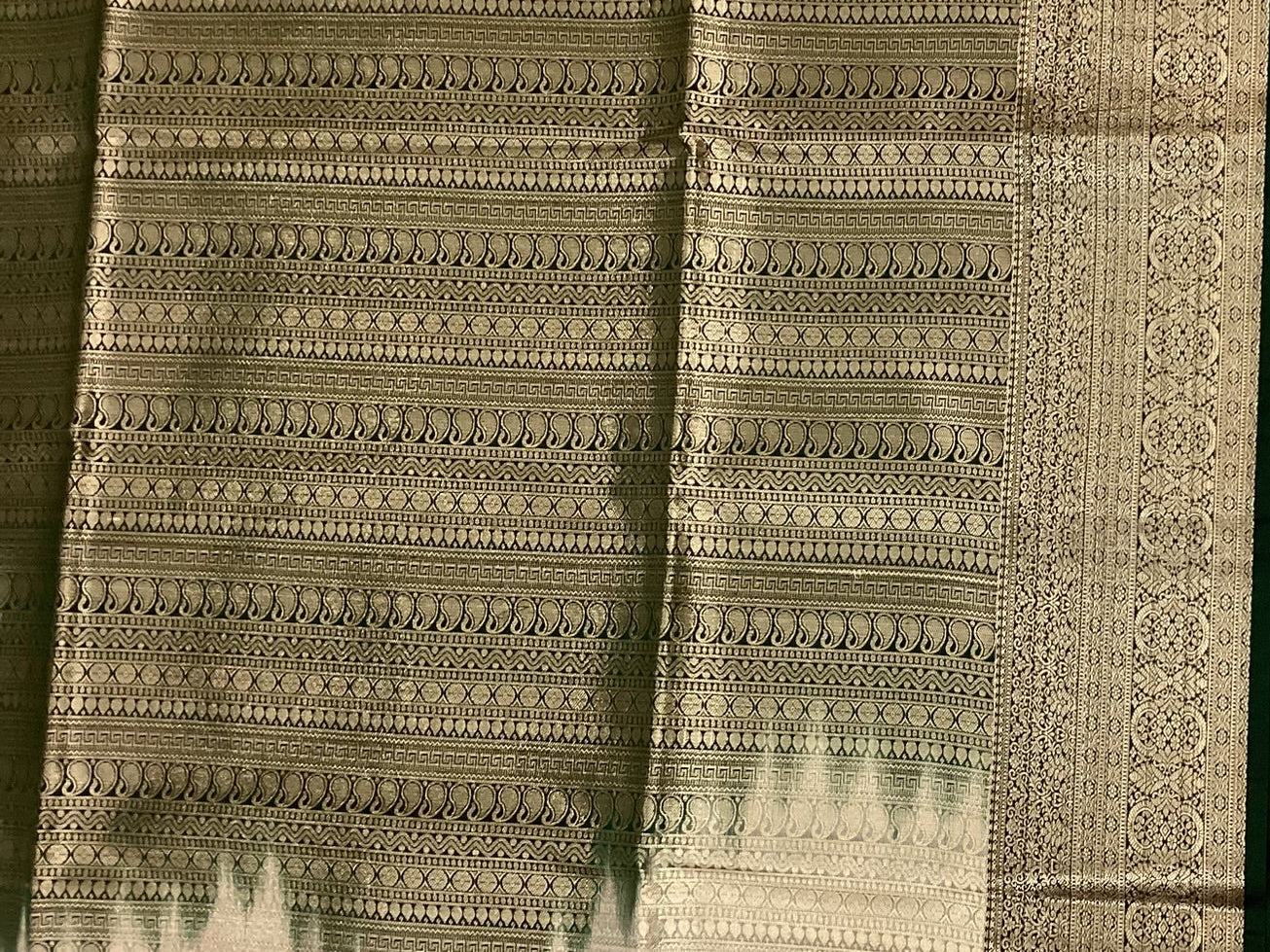 Forest Green Silver Grey Zari Brocade Silk Saree For Weddings