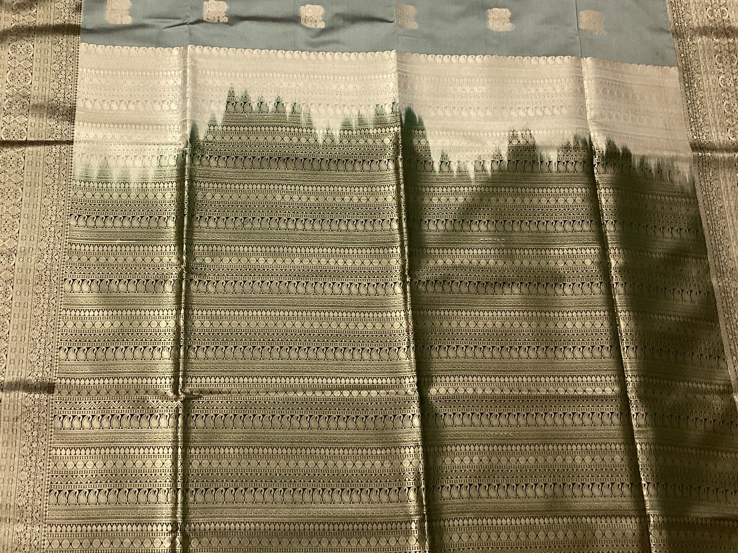 Forest Green Silver Grey Zari Brocade Silk Saree For Weddings