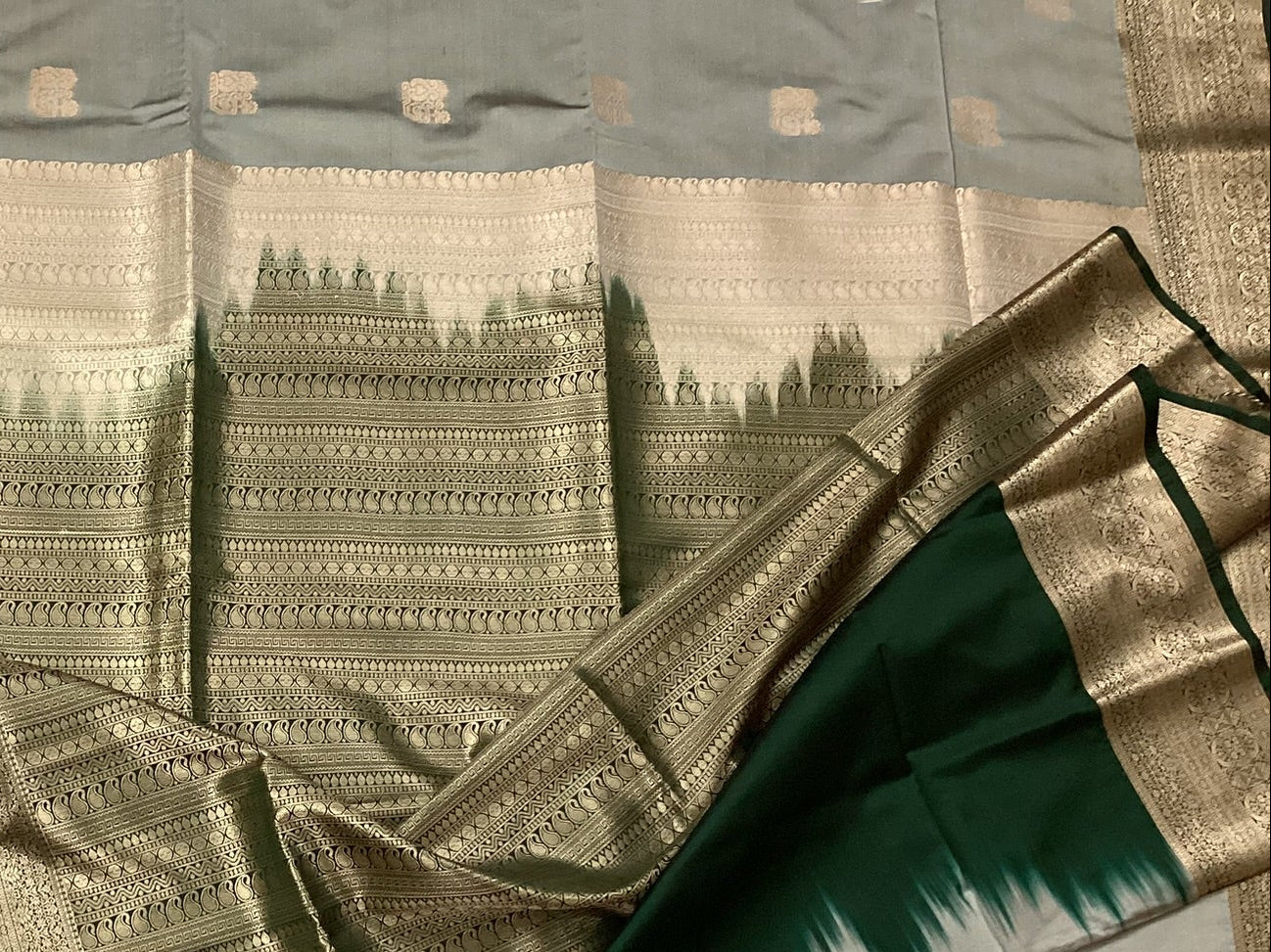 Forest Green Silver Grey Zari Brocade Silk Saree For Weddings