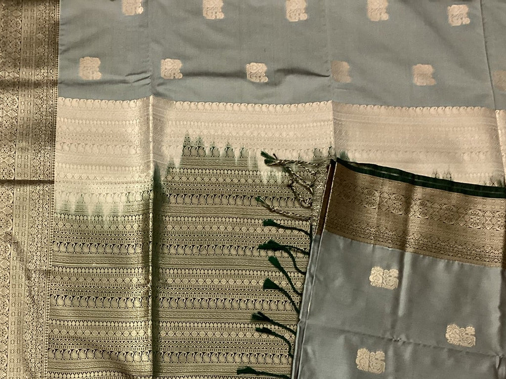Forest Green Silver Grey Zari Brocade Silk Saree For Weddings