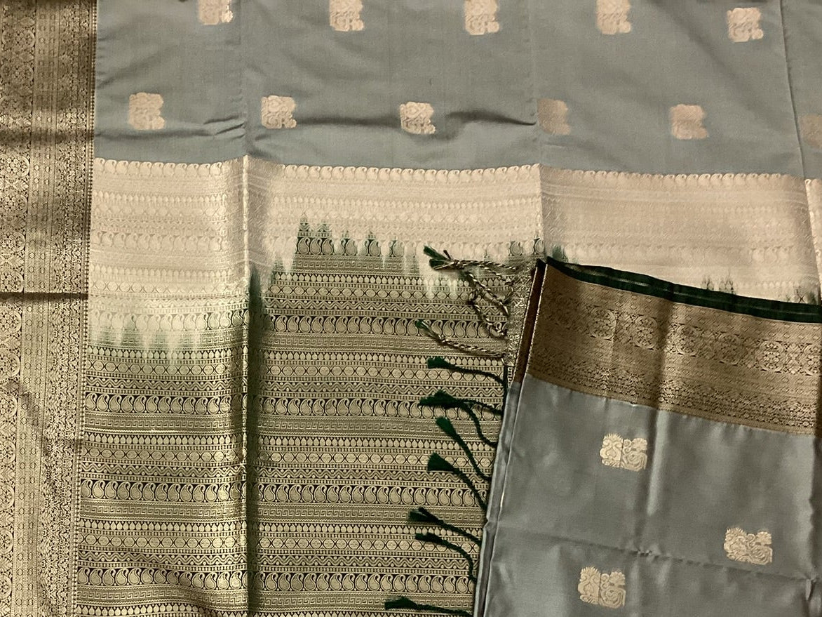 Forest Green Silver Grey Zari Brocade Silk Saree For Weddings