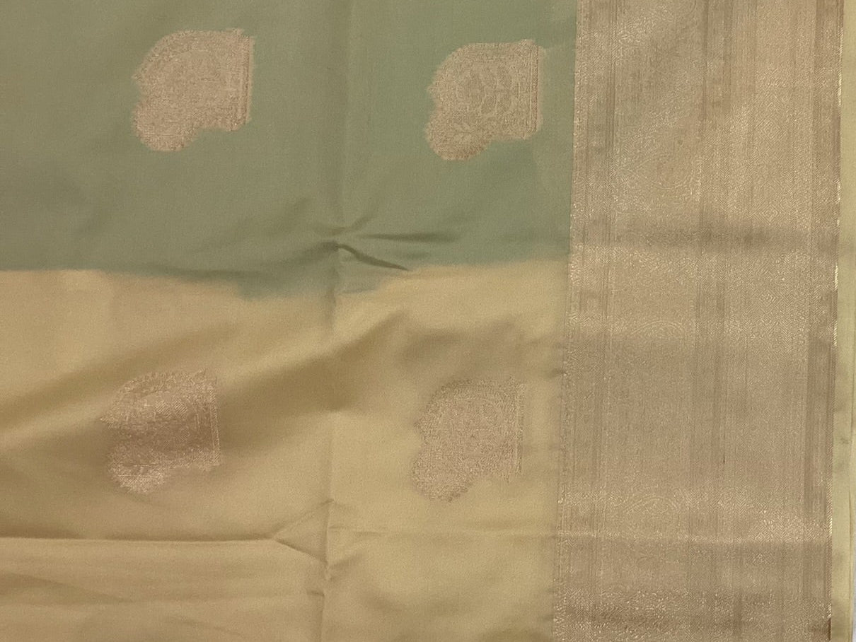 Emerald Green Mint Beige Saree Woven Paisley Silver Zari Border