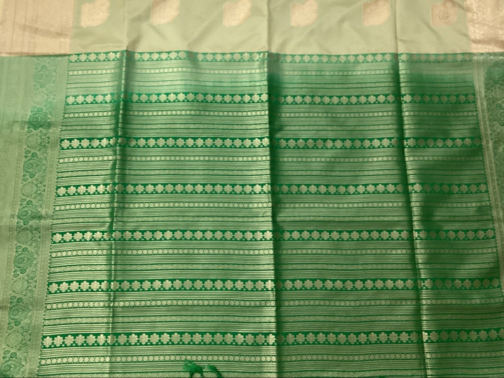 Emerald Green Mint Beige Saree Woven Paisley Silver Zari Border