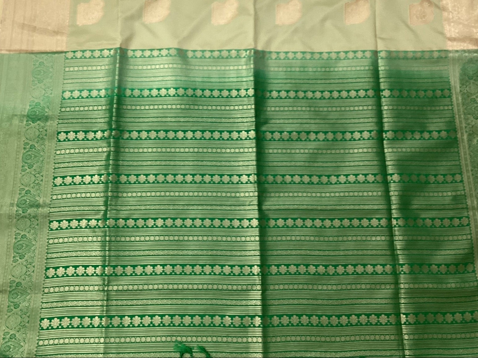 Emerald Green Mint Beige Saree Woven Paisley Silver Zari Border