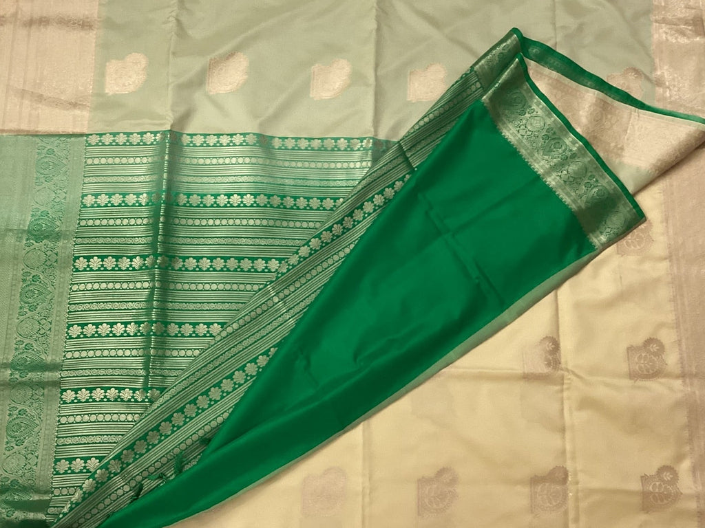Emerald Green Mint Beige Saree Woven Paisley Silver Zari Border