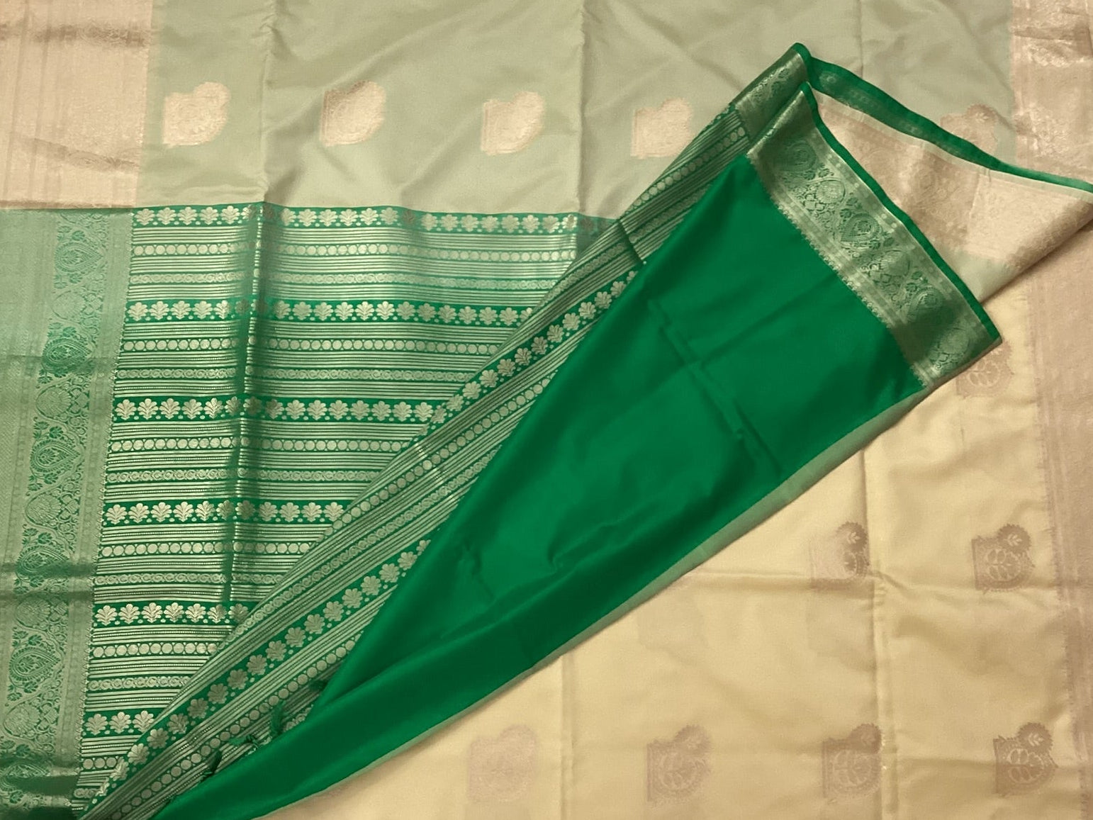 Emerald Green Mint Beige Saree Woven Paisley Silver Zari Border