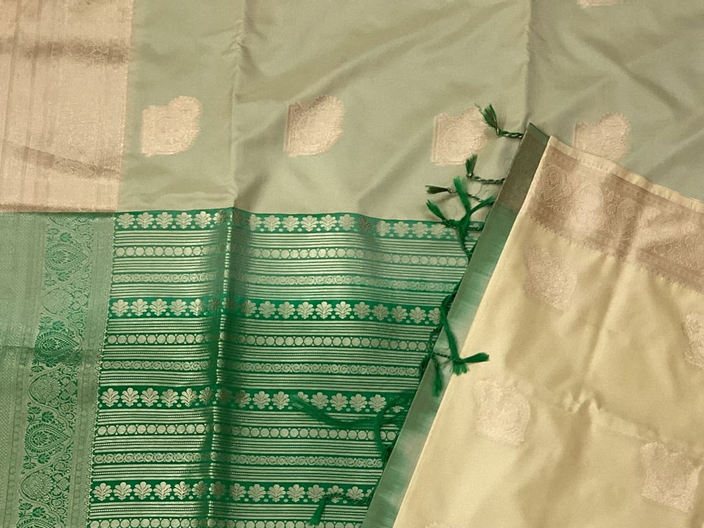 Emerald Green Mint Beige Saree Woven Paisley Silver Zari Border
