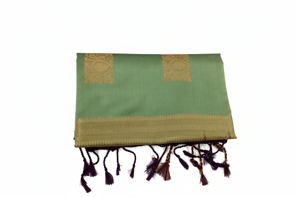 Aubergine Seafoam Silk Saree Gold Zari Square Buta Woven Border