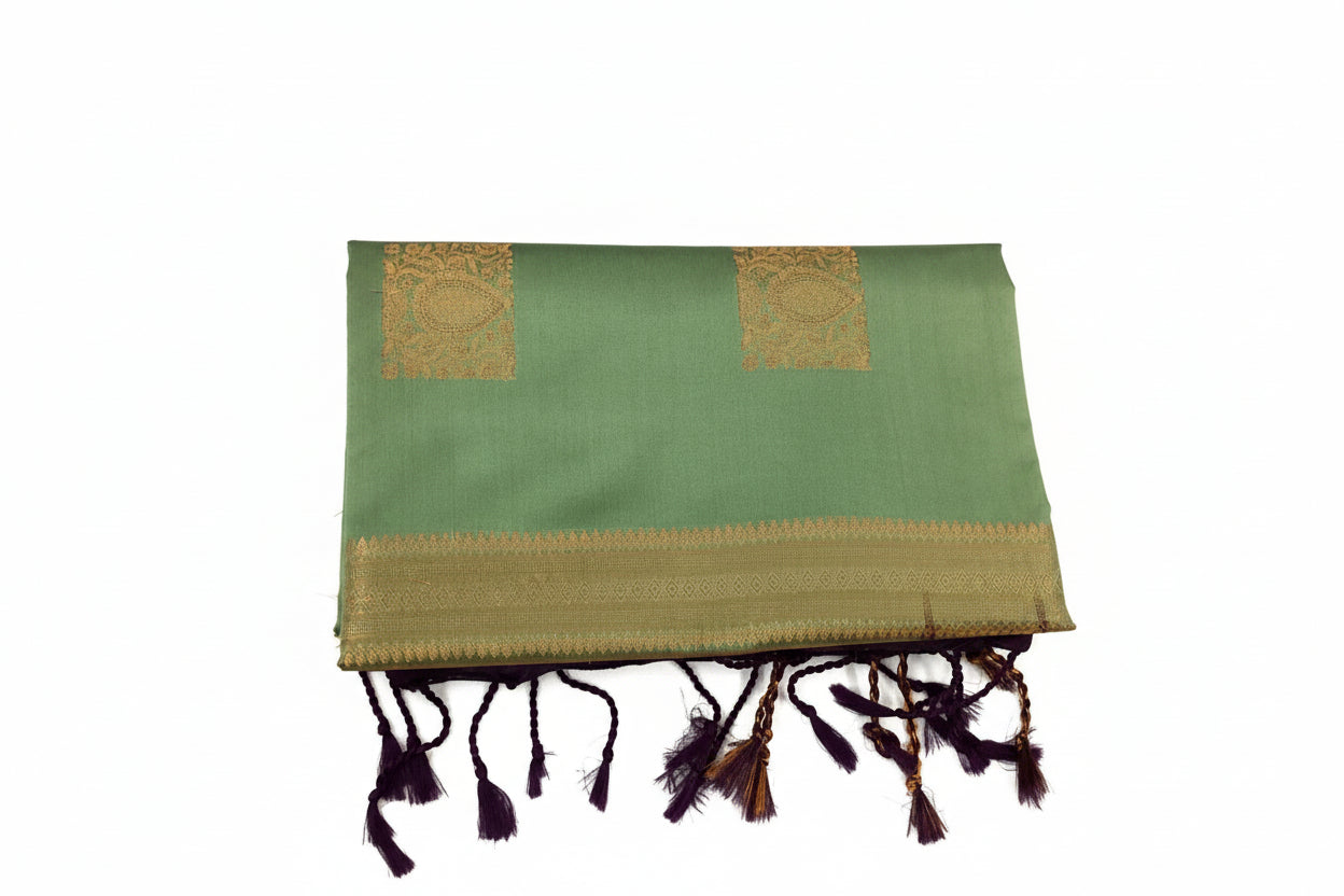 Aubergine Seafoam Silk Saree Gold Zari Square Buta Woven Border