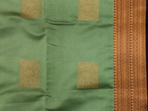 Aubergine Seafoam Silk Saree Gold Zari Square Buta Woven Border