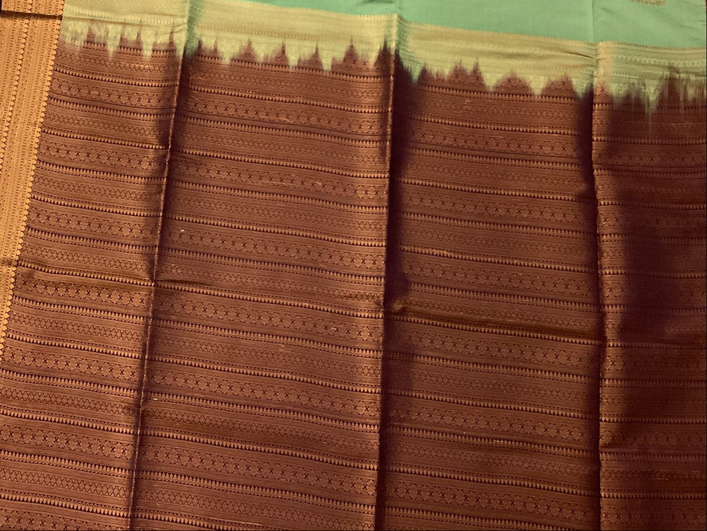 Aubergine Seafoam Silk Saree Gold Zari Square Buta Woven Border