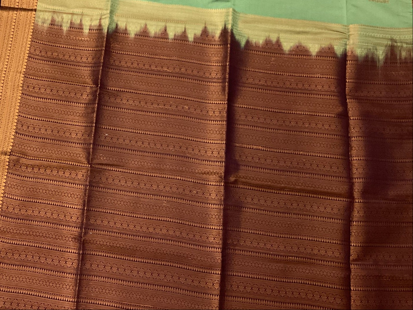 Aubergine Seafoam Silk Saree Gold Zari Square Buta Woven Border