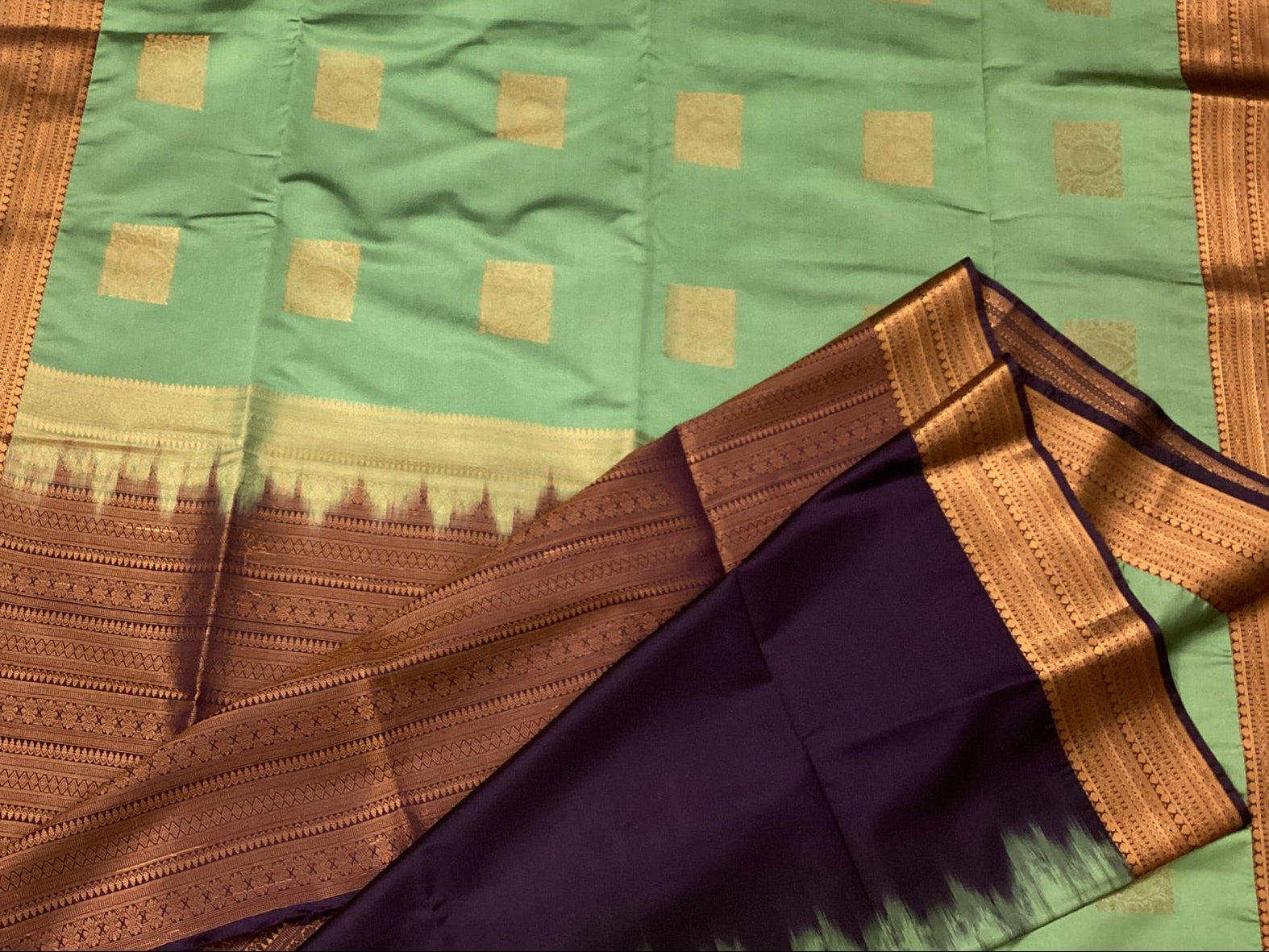Aubergine Seafoam Silk Saree Gold Zari Square Buta Woven Border