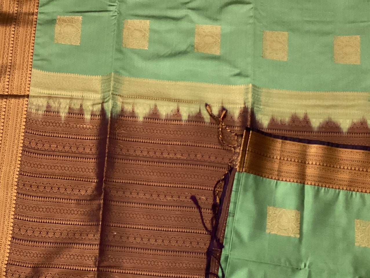 Aubergine Seafoam Silk Saree Gold Zari Square Buta Woven Border