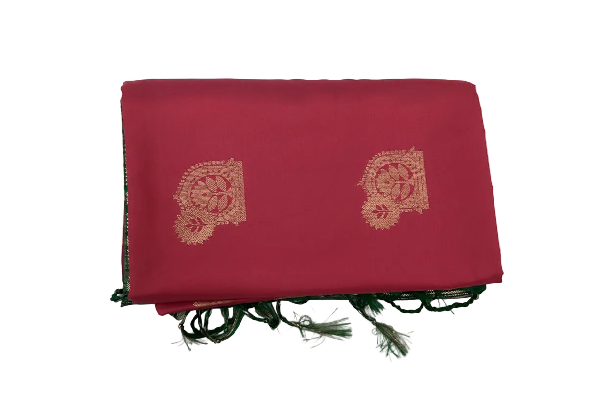 Deep Magenta Silk Saree Teal Pallu Gold Woven Motif Traditional