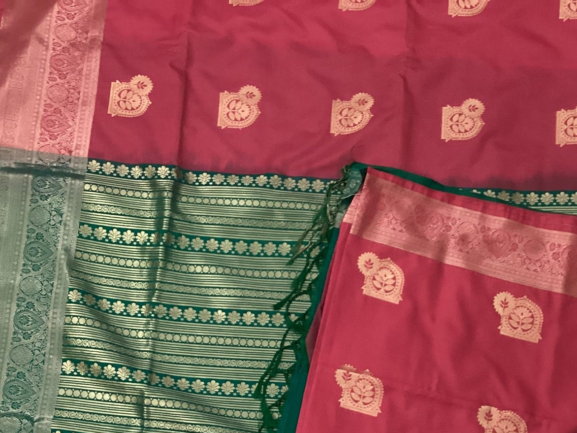 Deep Magenta Silk Saree Teal Pallu Gold Woven Motif Traditional